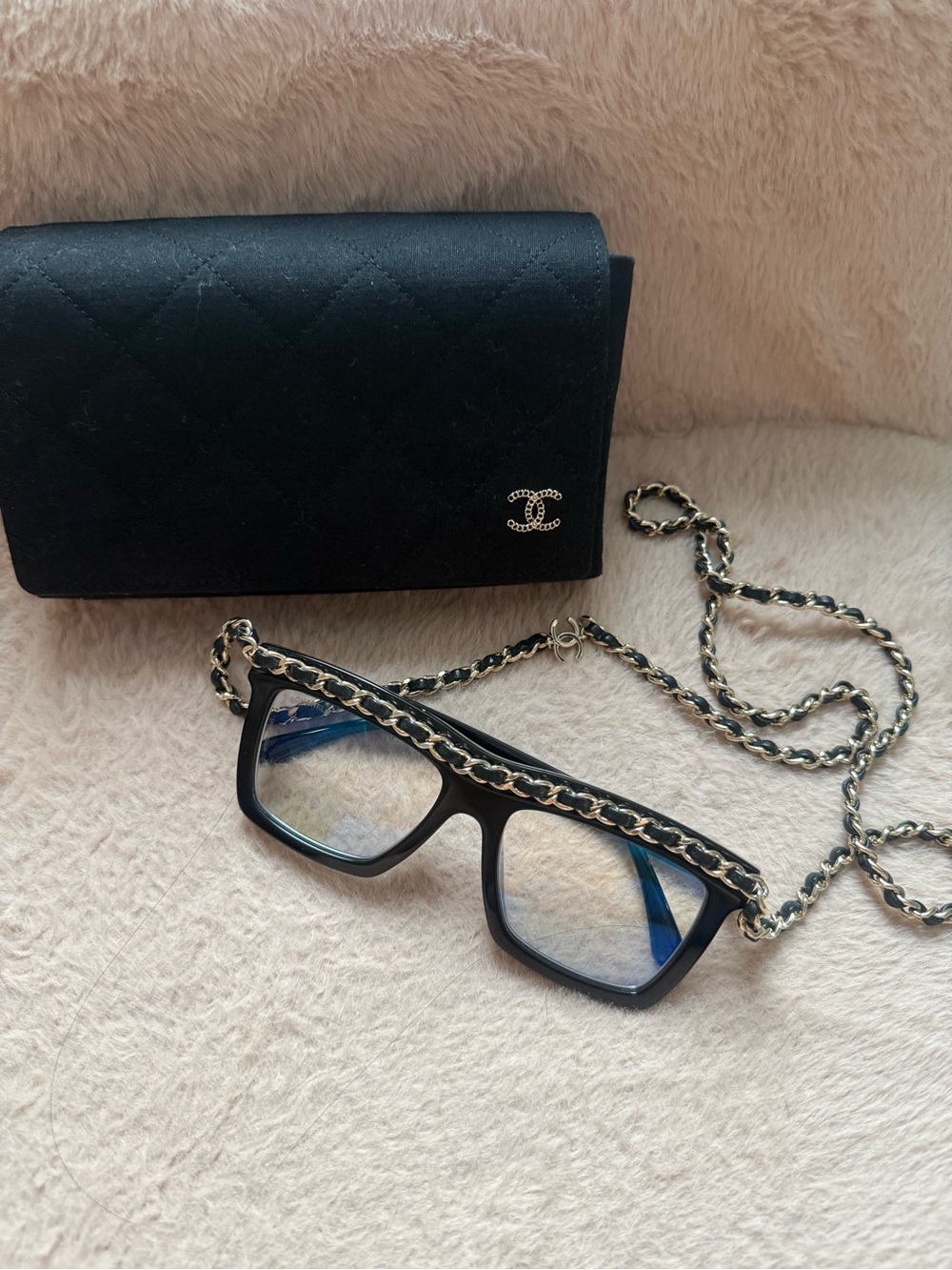 CHANEL Black Square Sunglasses with Gold Chain Accent